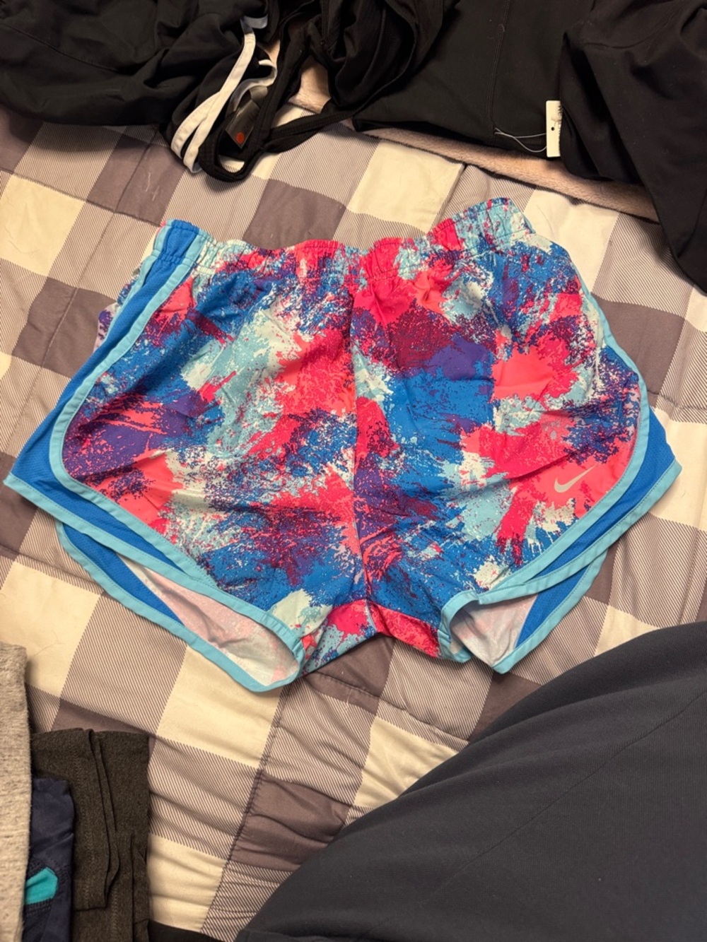 Nike Multicolor Paint-Splash Running Shorts with Light Blue Trim medium